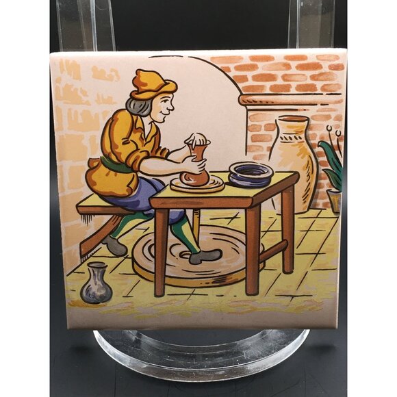 Vintage European Folk Art Tile Wall Plaque Hand Painted Home Decor 4.5''x4.5'' - Picture 4 of 11